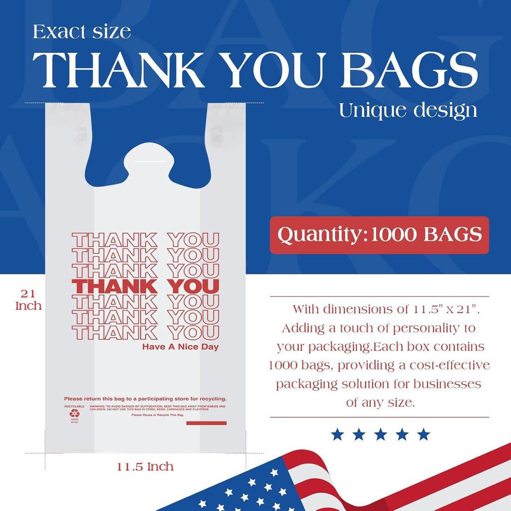 ACKO 1000 Count - Plastic T-shirt Bags with Handle, (11.5 x 6.5 x 21") 4 Gallon Thank You Bags for Grocery, Take Out, To Go, Retail Shopping Bag, Small Garbage Trash Bag for Home Office Kitchen