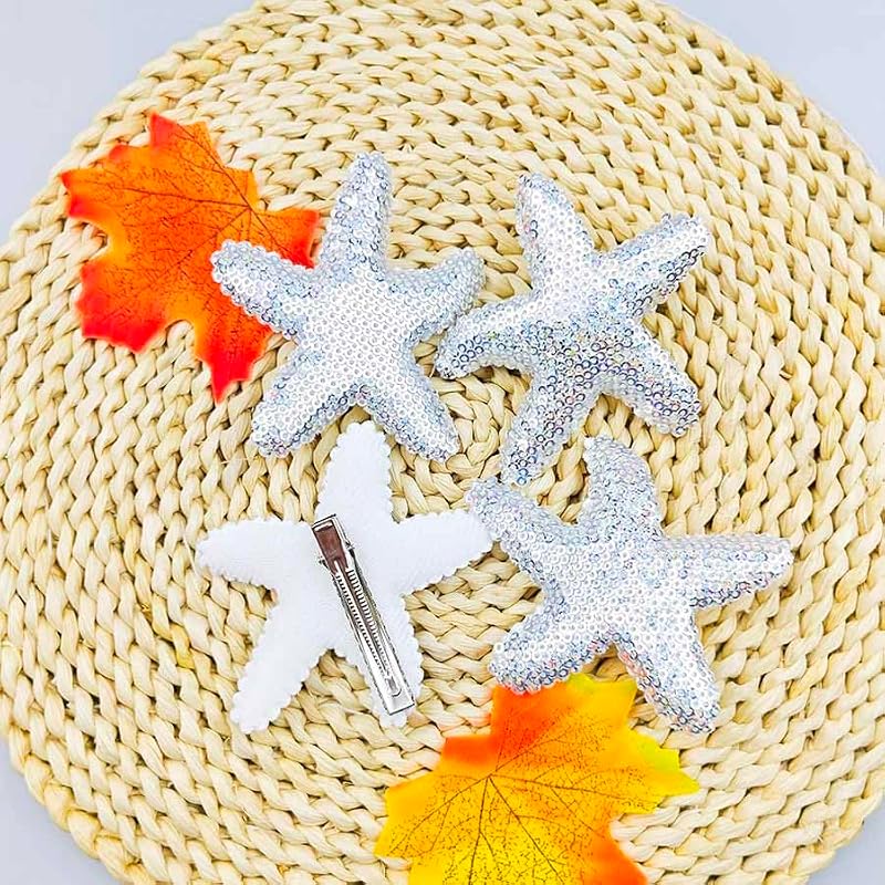 Glitter Silver Starfish Hair Clips 4Pcs Mermaid Seashell Barrettes