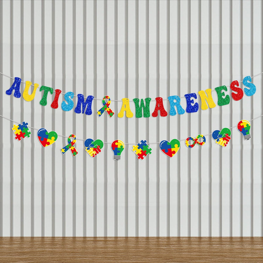 YEIRFYY Glittery Autism Awareness Banner - Colorful Puzzle Piece Garland for Inspirational Support