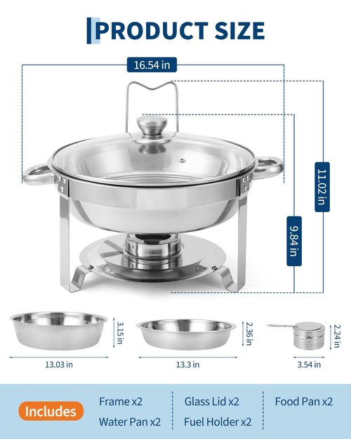 Garvee Chafing Dishes for Buffet, 5QT Buffet Servers and Warmers Set of 2, Round Chafing Dishes with Glass Lid, Stainless Steel Food Warmers for Parties, Catering Supplies for Wedding, Banquet, Silver