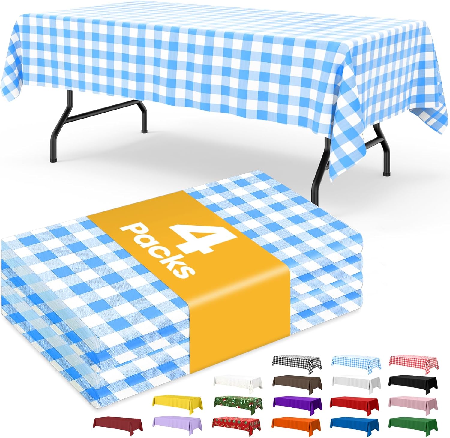 Niuara Blue Checkered Table Cloth - 4 Pack Disposable 54" × 108" Rectangle Covers for Parties & Gatherings