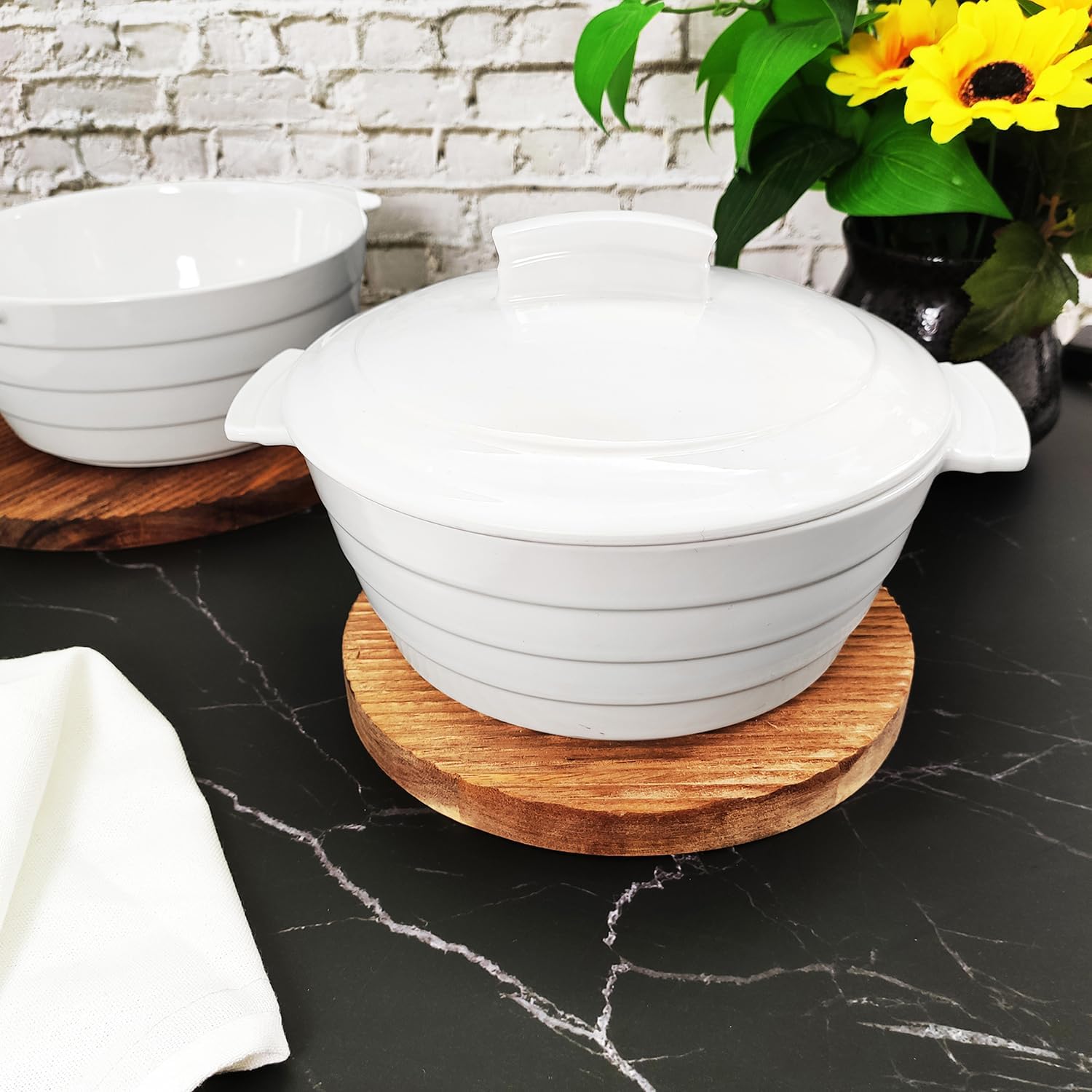 Regine Switzerland Casserole Dish - 1.32 Quart French White Ceramic Bakeware Set with Lids | Chip & Crack Resistant, Microwave & Oven Safe