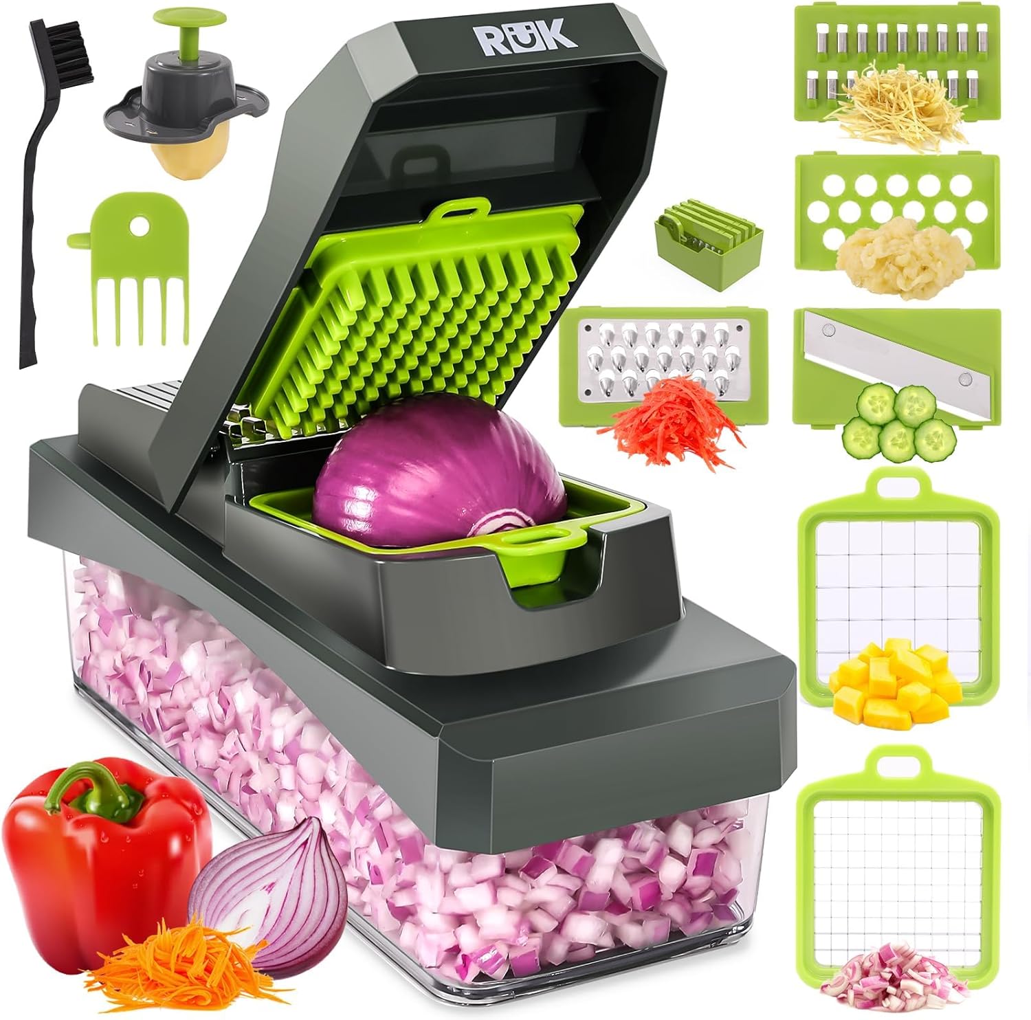 RüK 10-in-1 Vegetable Chopper - Versatile 6 Blade Food Dicer & Grater with Container | Gray Kitchen Essential