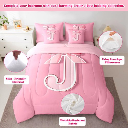 jejeloiu Pink Bowknot Bed Set, Twin Size, Decor Personalized Teen Girl Gifts Ultra Soft Initial Letter J 7 Pieces Beeding Set, Girly Romantic Bed in a Bag with Comforter, Sheets, Pillowcases