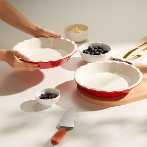 KooK Ceramic Pie Pan - Reusable Round Baking Dish for Quiche & Casseroles | 9-Inch, Wave Edge, Set of 2, Cherry