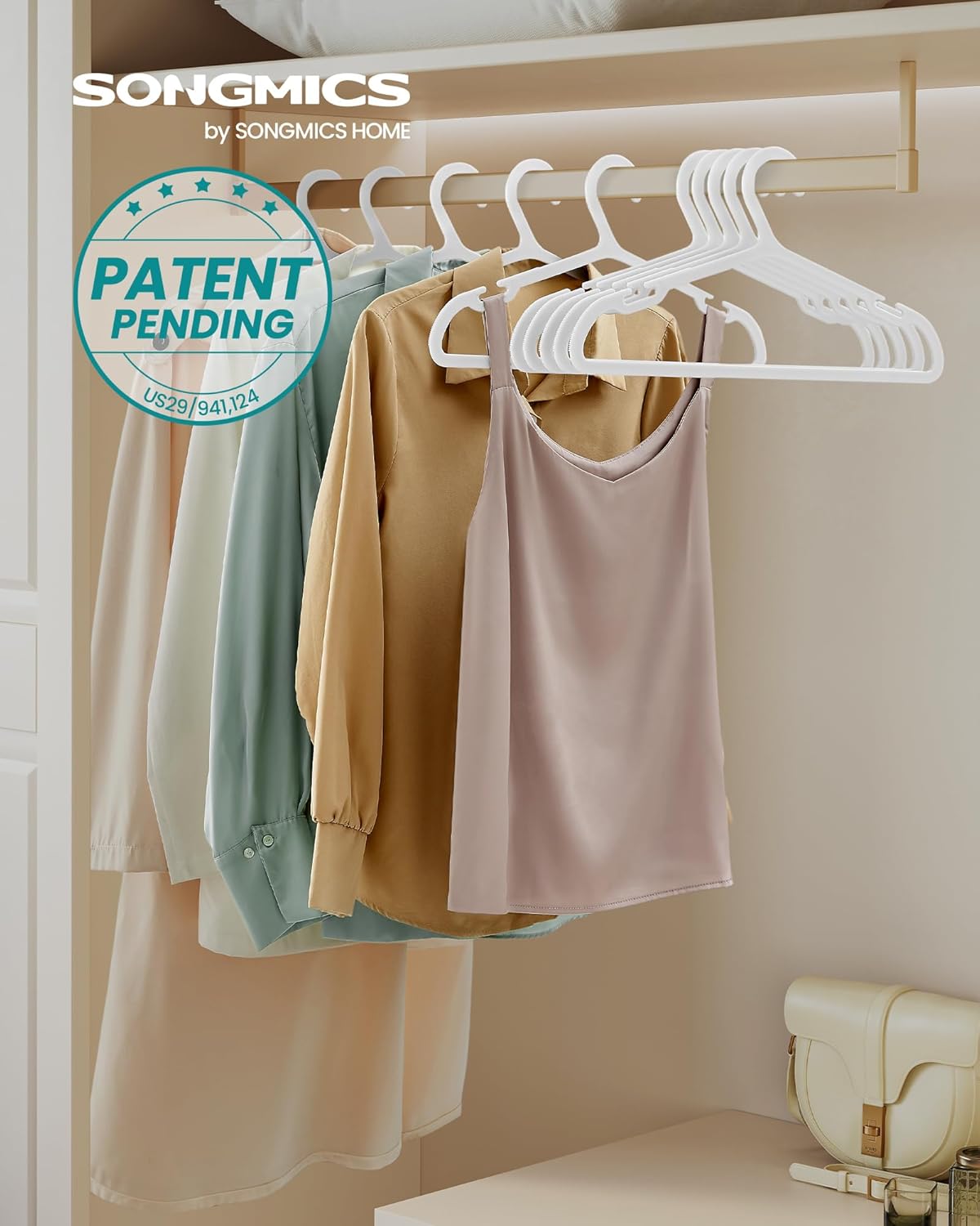 SONGMICS Clothes Hangers - Space-Saving Plastic Hangers with Wide Shoulder Notches | 50-Pack, 16.4 Inches, Cloud White