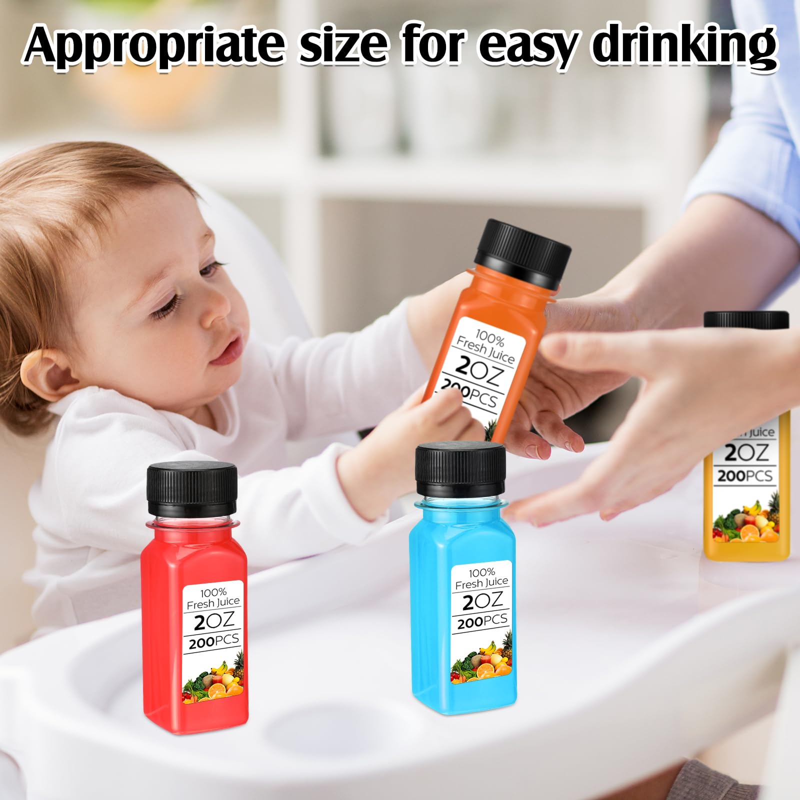 Sliner 200 Pcs 2oz Small Plastic Juice Bottles Ginger Juice Bottle with Lids Liquid Vial Reusable Clear Beverage Container with Lid, Freezer Safe, Leak Proof for Milk, Water(Black Lid)