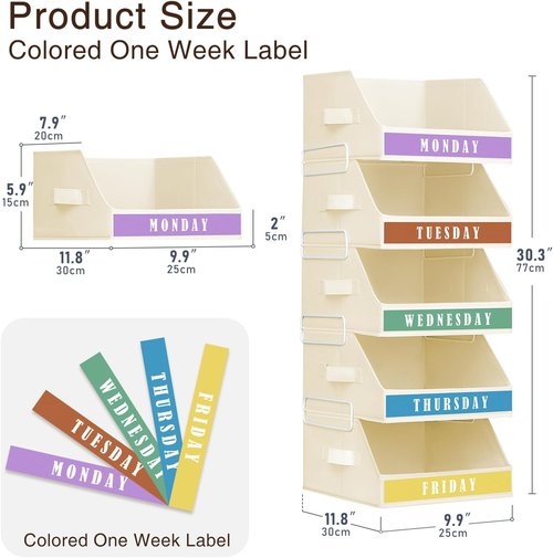 Homsorout Closet Organizers - 5-Tier Shelf Organizer with Labels & Stackable Bins | Beige Metal Frame