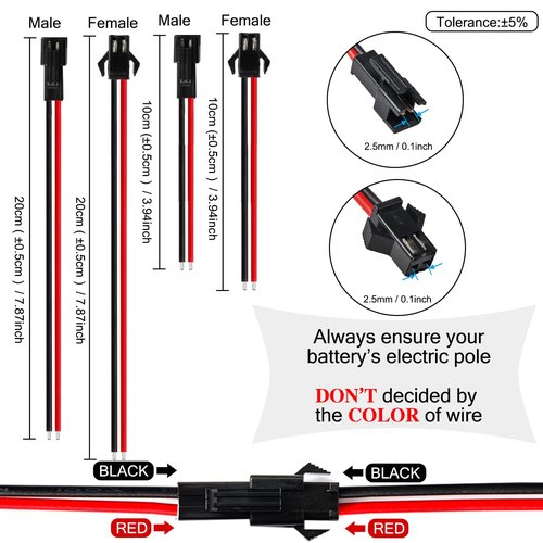 Chanzon 20 Pairs Jst SM 2.5mm Pitch Female and Male Plug Connector with 2 Pin 20AWG 20 Pcs 100mm and 20 Pcs 200mm UL1007 Tinned Copper Wire for LED Light Strip