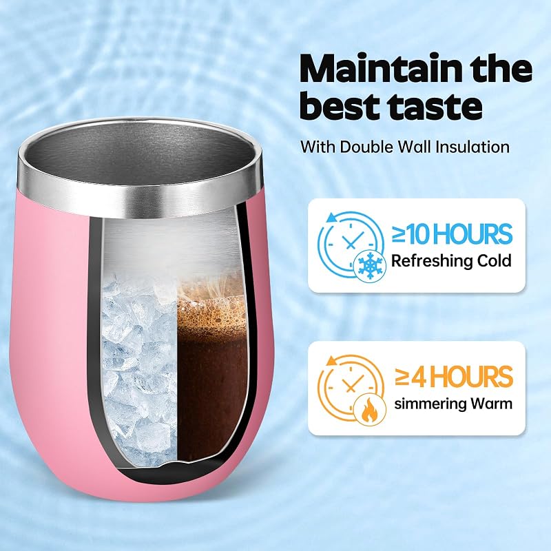 12oz Stainless Steel Wine Tumbler with Lid – 12 Pack Pink, Double Wall Insulated, Reusable Travel Mug