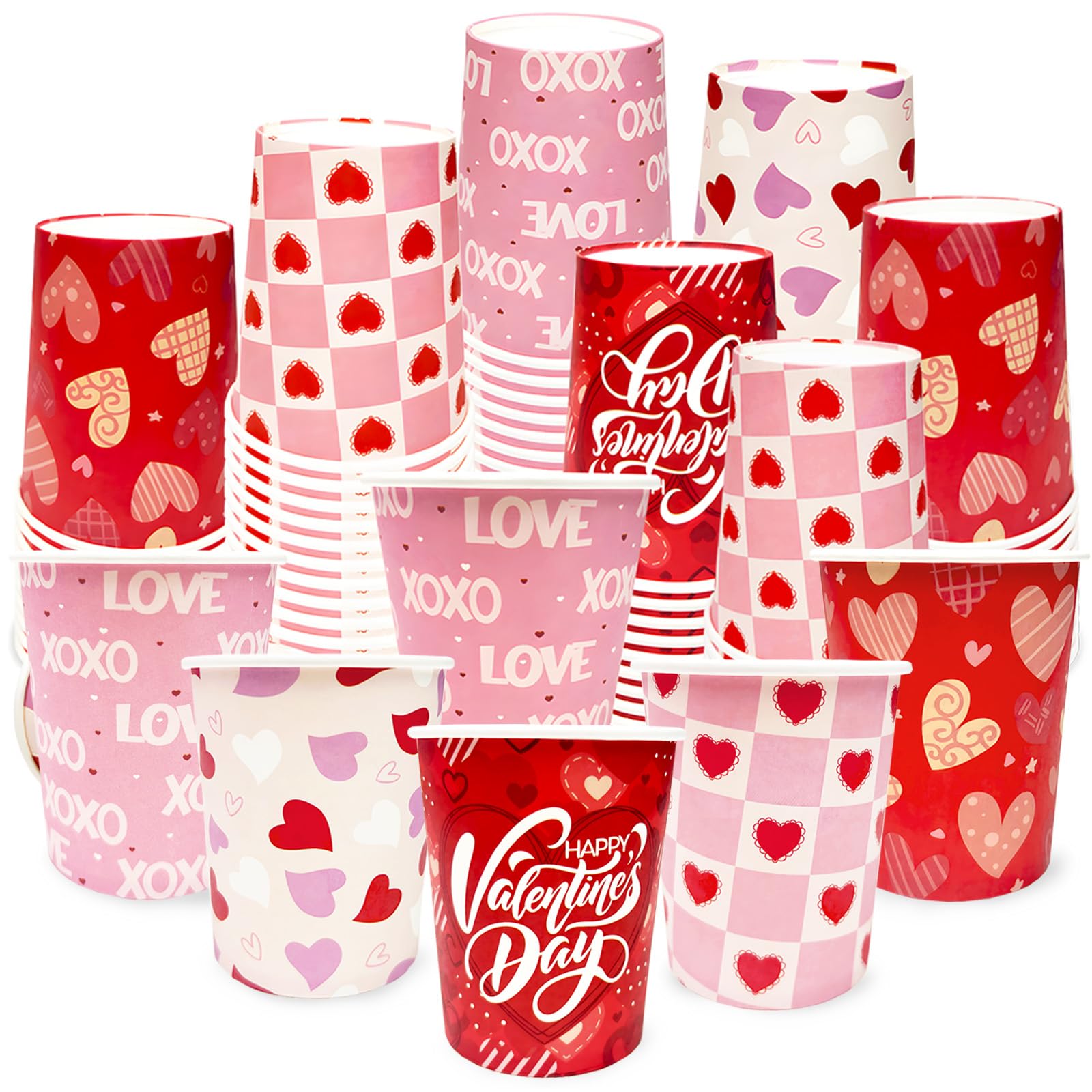 YQUQWN 50Pcs Valentine Paper Cups 9oz – 5 Heart Designs Disposable Valentine Cups Red Paper Party Drinkware for Coffee Juice Weddings Gatherings
