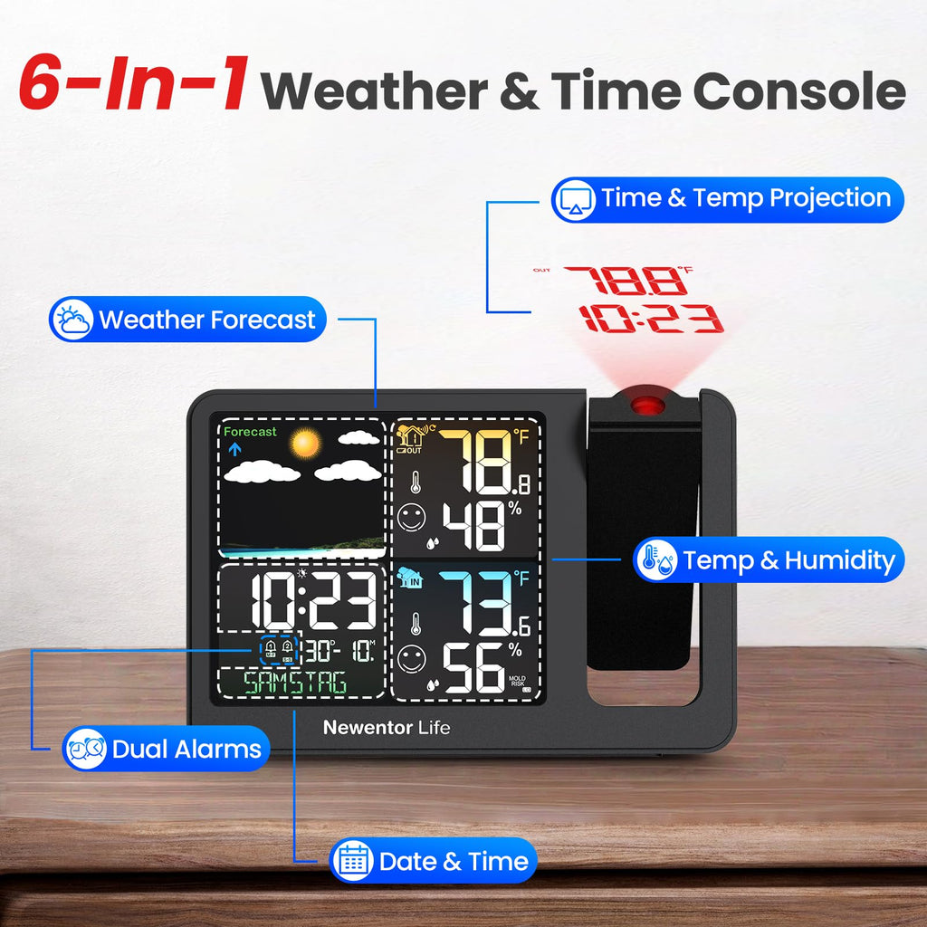 Newentor Projection Alarm Clock, Projection Clock for Bedroom Ceiling, Weather Station Thermometer with Projector Indoor Outdoor TEM&Hum, Forecast, Adjustable Backlight, Black with Red Projector