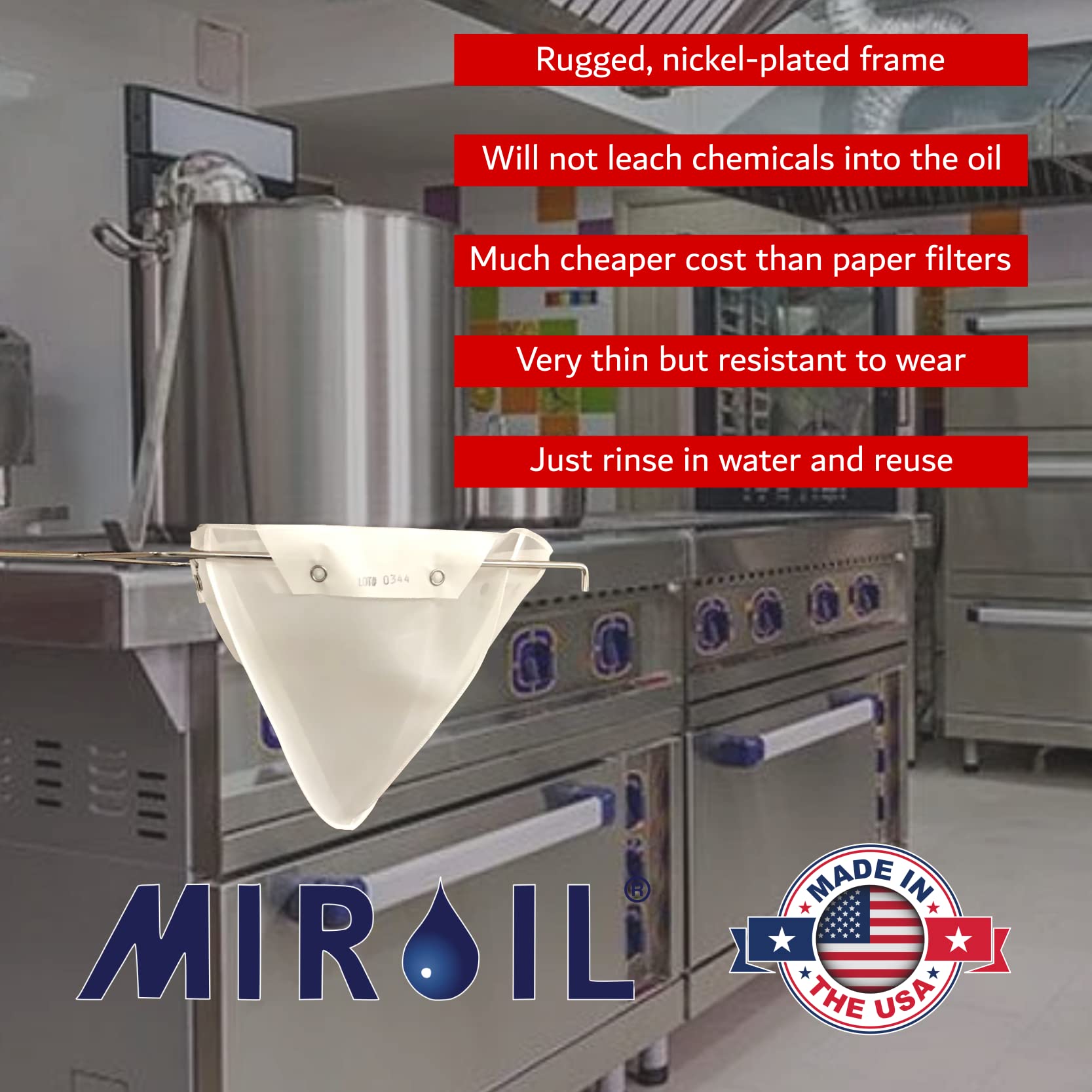 MirOil CONE2B Fryer Filter Bag & Frame Combo Set – Durable Reusable Strainer Bag and Metal Support Frame for Commercial Kitchen Use - Compatible with MirOil Blue Oil Caddy - Model #30L