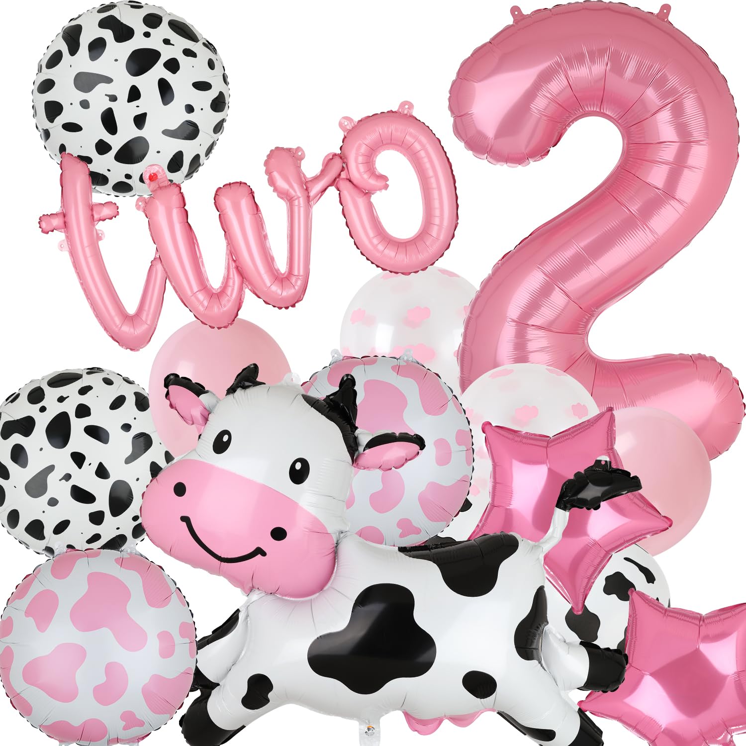 Cow Balloon Cow Shape Mylar Balloon 2nd Birthday Party Decoration Pink 40 Inch Large Number 2 TWO Letter Banner Balloons Cowgirl Farm Animal Theme Birthday Party Decor 24 Pcs