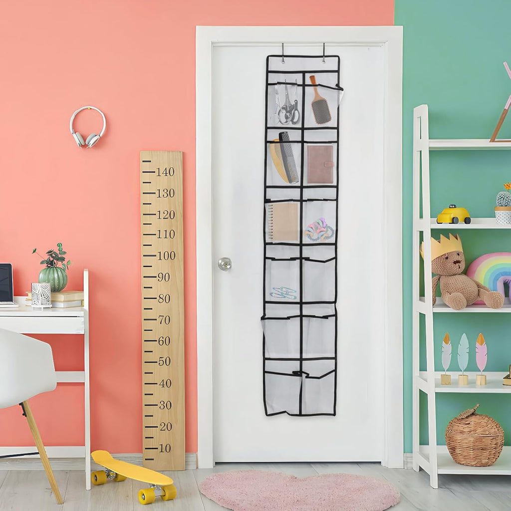 Over The Door Shoe Organizer - 12 Mesh Pockets with 4 Metal Hooks | Space-Saving Design (White)