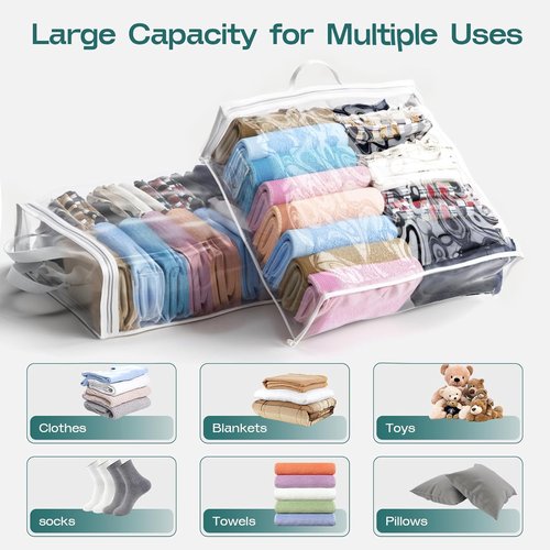Clear Zippered Storage Bags by 5PACK - 22L for Clothes, Bedding, Blankets & More | White