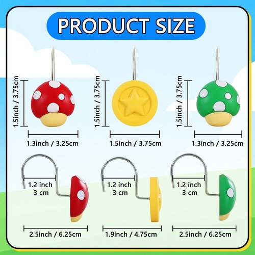 CTOHN 12PCS Mushroom Coin Shower Curtain Hooks Rings, Red Green Yellow Decorative Shower Hangers for Bathroom Decor