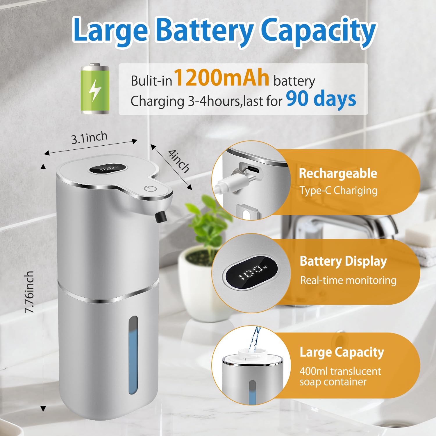Automatic Foaming Soap Dispenser with Digital Display, 6-Level Foam Adjustable, Rechargeable, 12.8oz/ 380ml Wall Mounted Touchless Hands Free Auto Dispenser for Kitchen, Bathroom, Hotel, Restaurant