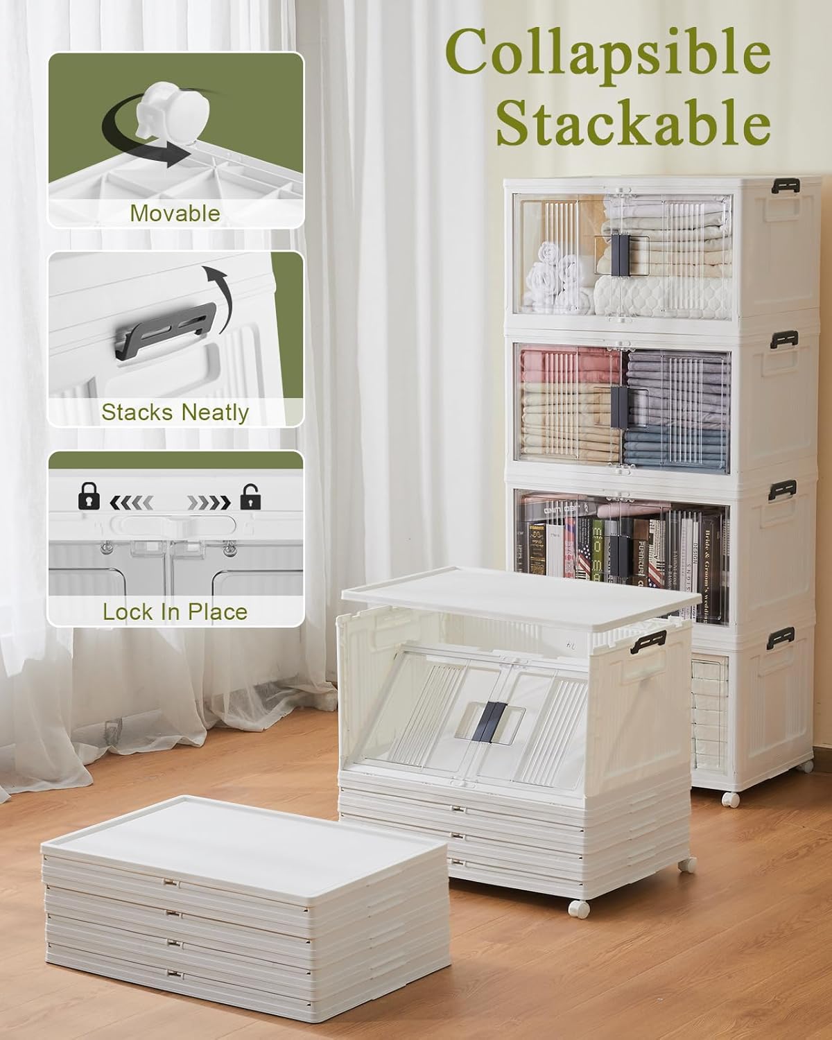 OlarHike 76QT Lockable Storage Bins - Collapsible Plastic Organizer with Lids & Wheels, 4-Pack