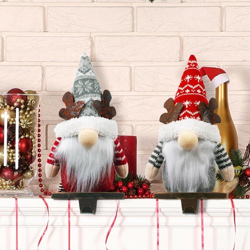 Aoutrow 2 Pack Christmas Gnome Stocking Holders, 11 Inches Plush Elk Gnomes Figurines Hanging Hooks for Stockings, Metal Stocking Hangers for Fireplace, Mantle, Shelves Christmas Decorations