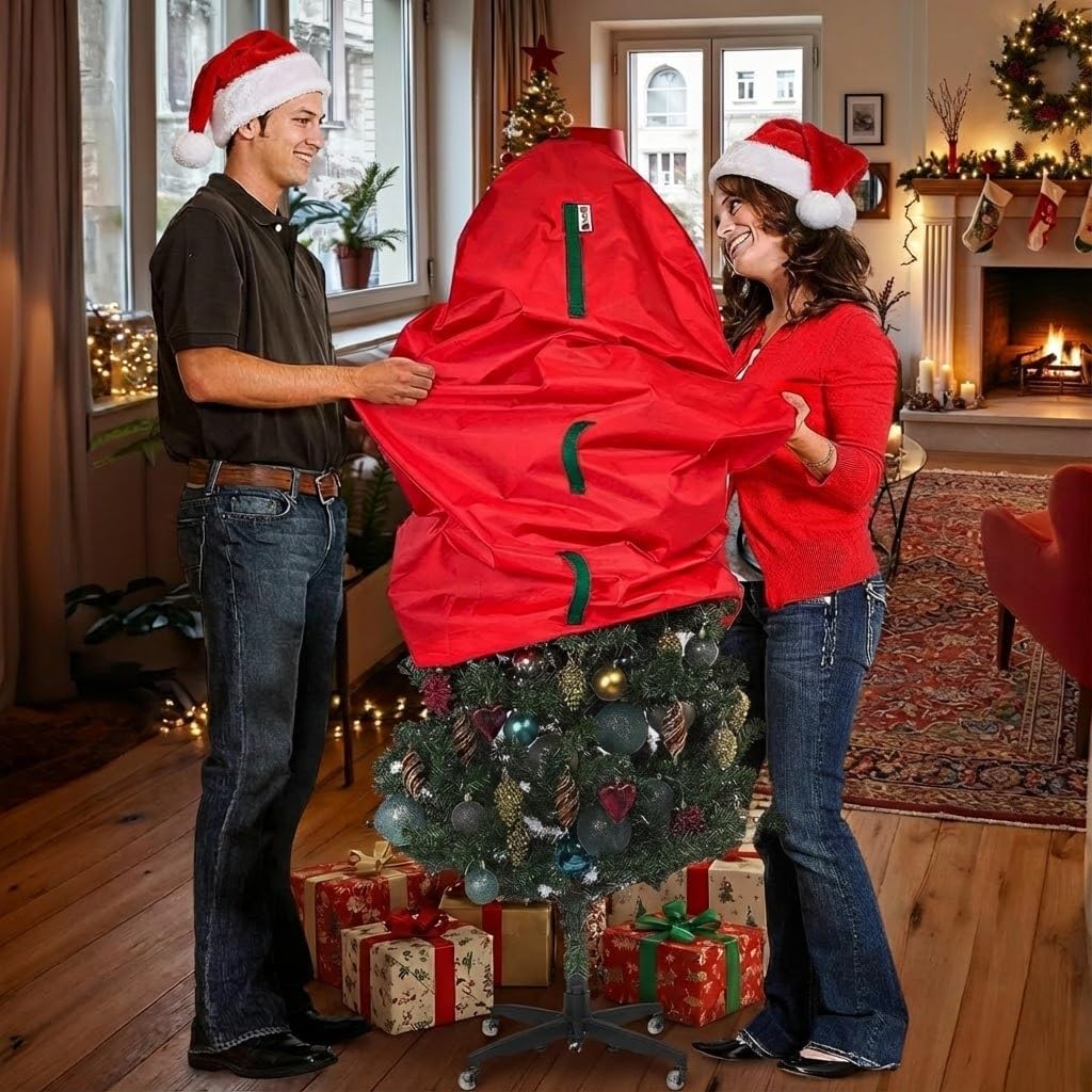 Upright Christmas Tree Storage Bag - Durable Dustproof Cover for 5 Ft Artificial Trees | Easy-Use Red Holiday Storage
