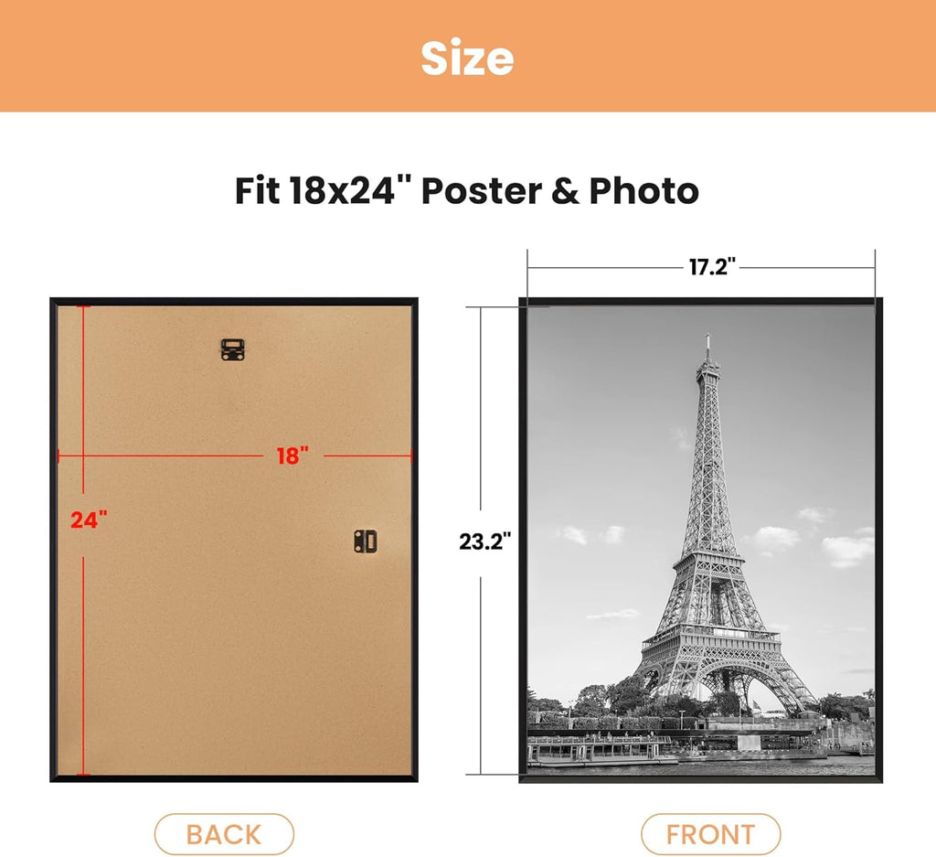 Upsimples 18x24 Picture Frame - Scratch-Proof Black Poster Frames for Photo Gallery | 3 Pack, Horizontal/Vertical Mounting