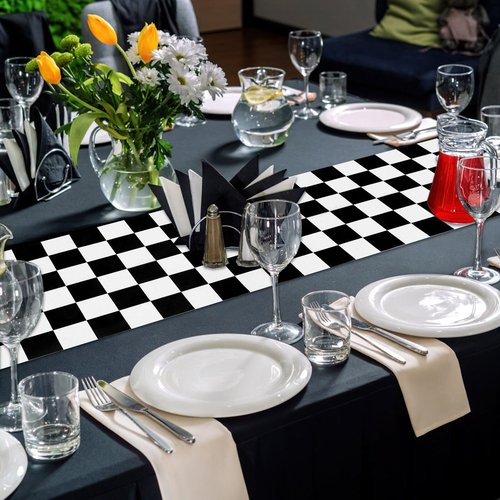 DEMIUKO 6PCS Checkered Table Runner 14 x 108Inch Disposable Plastic Black and White Checkered Table Runner Racing Flag Table Runners for Two Fast Car Theme Birthday Party Baby Shower Decor Supplies