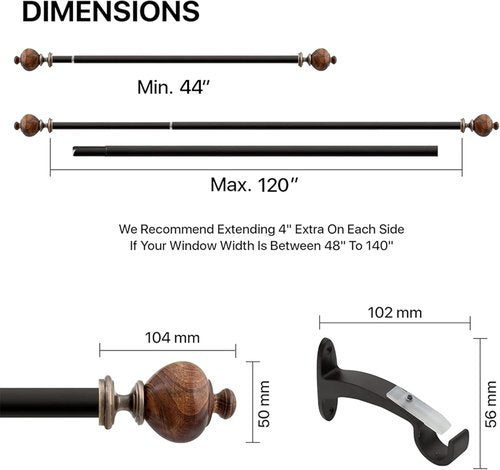 Deco Window Curtain Rod - Heavy Duty 1 Inch Metal Drapery Rod, Adjustable 44-120 Inch, Brown Matte Finish