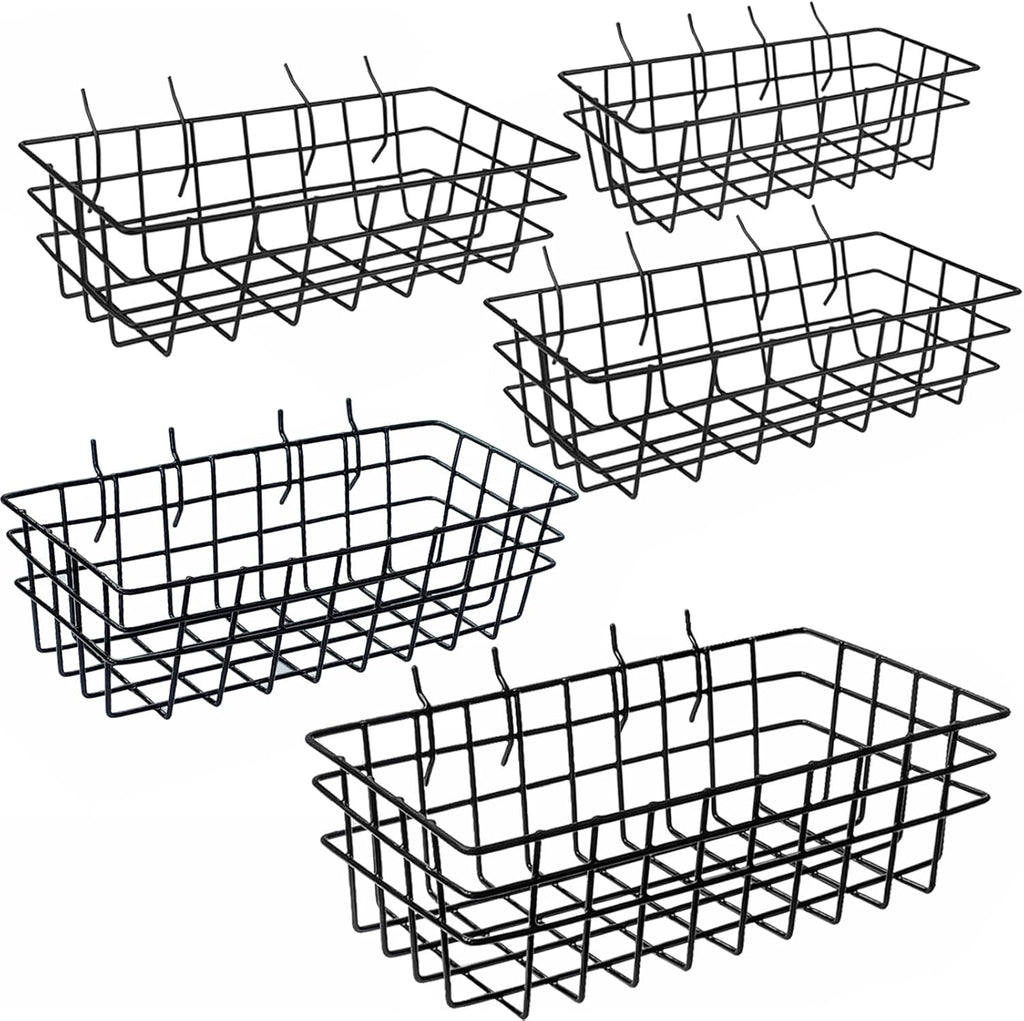 Premium Black Metal Wire Baskets | 5-Piece Heavy Duty Pegboard Organizer Set for Garage & Craft Room