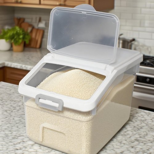 LECEHIVO 5 Pcs Rice Storage Container with Wheels 28 lb Airtight Flour Cereal Grain Organizer Box with Measuring Cup and Flour Scoops Clear Cube Pet Food Bin for Dog Cat Birds Baking Supplies