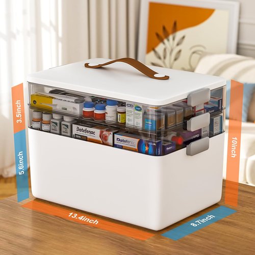 Funest 3-Tier Medicine Storage Box - Portable First Aid Kit Organizer with Removable Tray | White