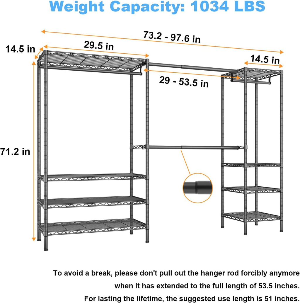 Ulif E11 Heavy-Duty Garment Rack - Metal Freestanding Clothes Organizer with 8 Shelves & 4 Hanger Rods | Black, 71.2" H