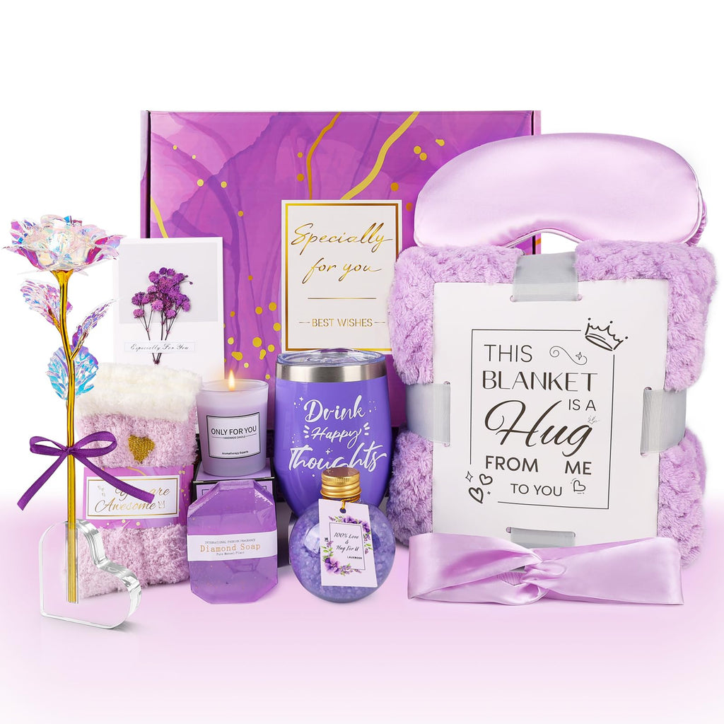 Mothers Day Birthday Gifts for Women Self Care Gift Get Well Soon Gifts, Rose Relaxing SPA Gift Basket Care Package, Luxury Flannel Blanket Valentine's Day Gift for Her Wife Mom Grandma Friend Purple