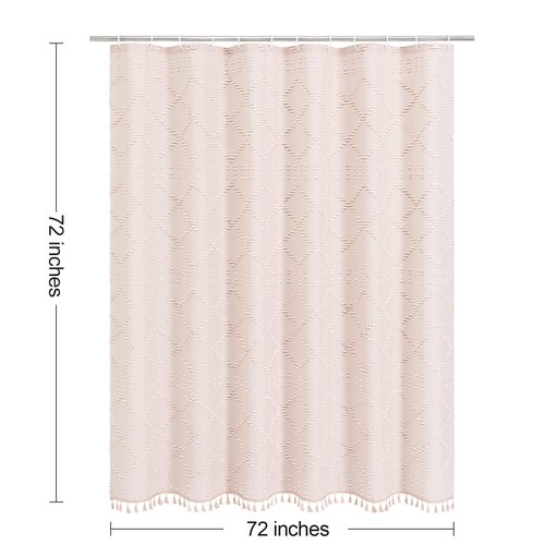 Craidlela Boho Light Pink Woven Fabric Shower Curtain with Tassel 72 x 72 Modern Farmhouse Minimalist, Pink Bohemia Tufted Chevron Striped Chic Textured, Waterproof Cloth Curtain for Bathroom