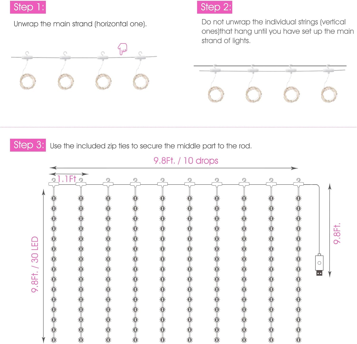 Minetom 300 LED Curtain Lights - Dimmable Fairy String Lights with Remote & Timer | Pink Indoor Decor