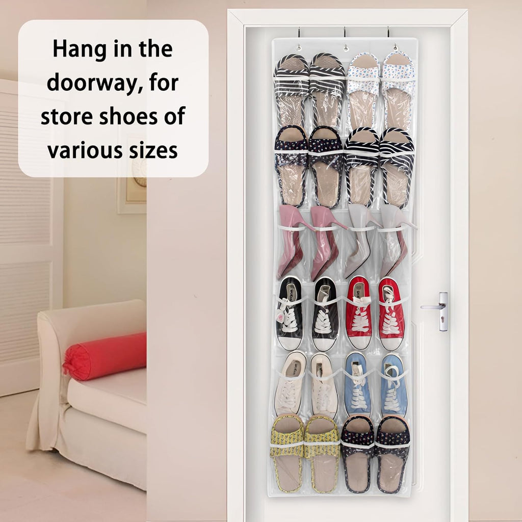 Skiennix 24-Pocket Over The Door Shoe Organizer - Large Hanging Rack with Mesh Pockets & 3 Hooks | White