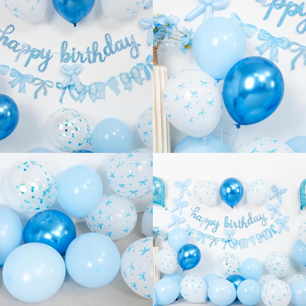 Skiennix Blue Bow Birthday Decorations - Coquette Party Set with Happy Birthday Banner & Foil Balloons