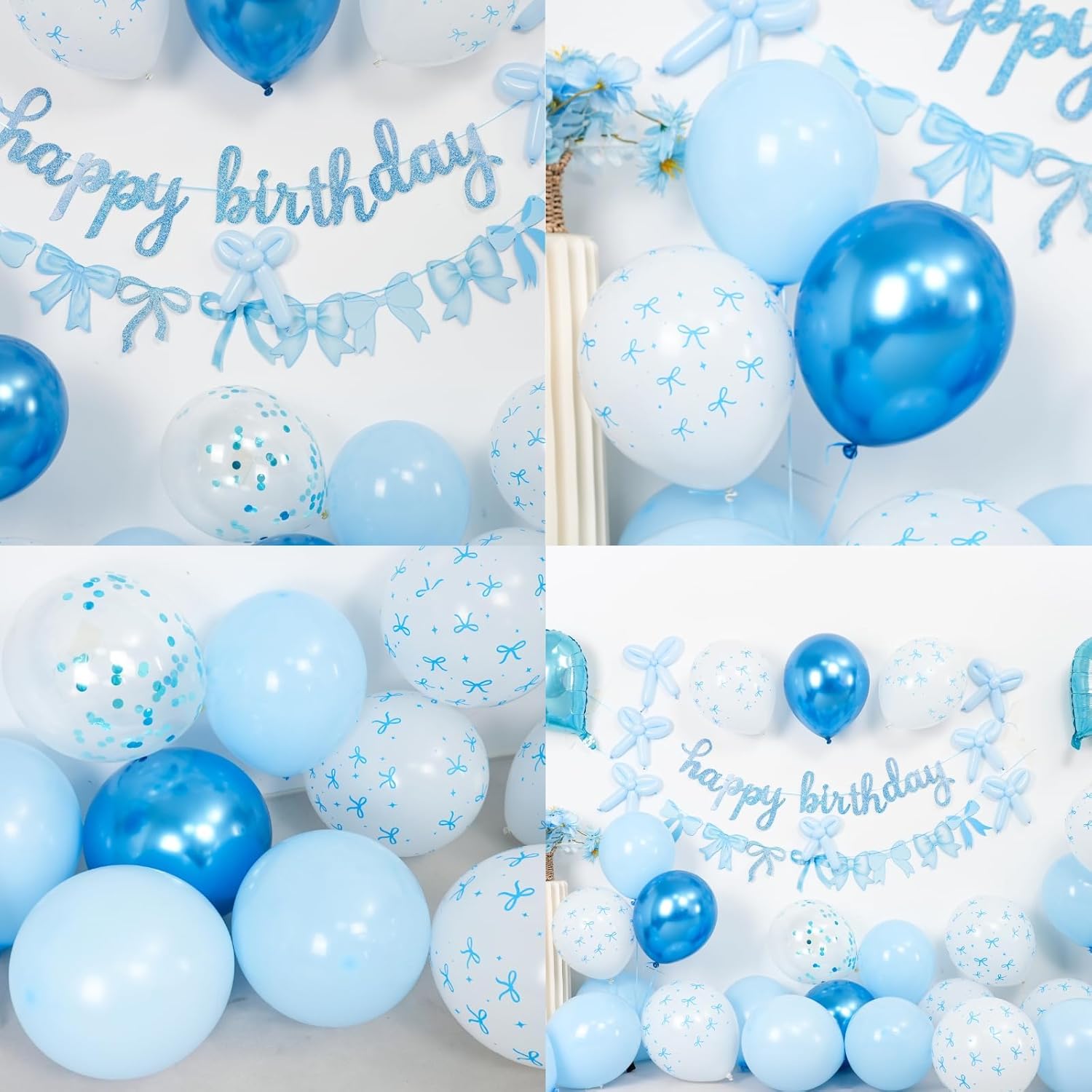 Skiennix Blue Bow Birthday Decorations - Coquette Party Set with Happy Birthday Banner & Foil Balloons
