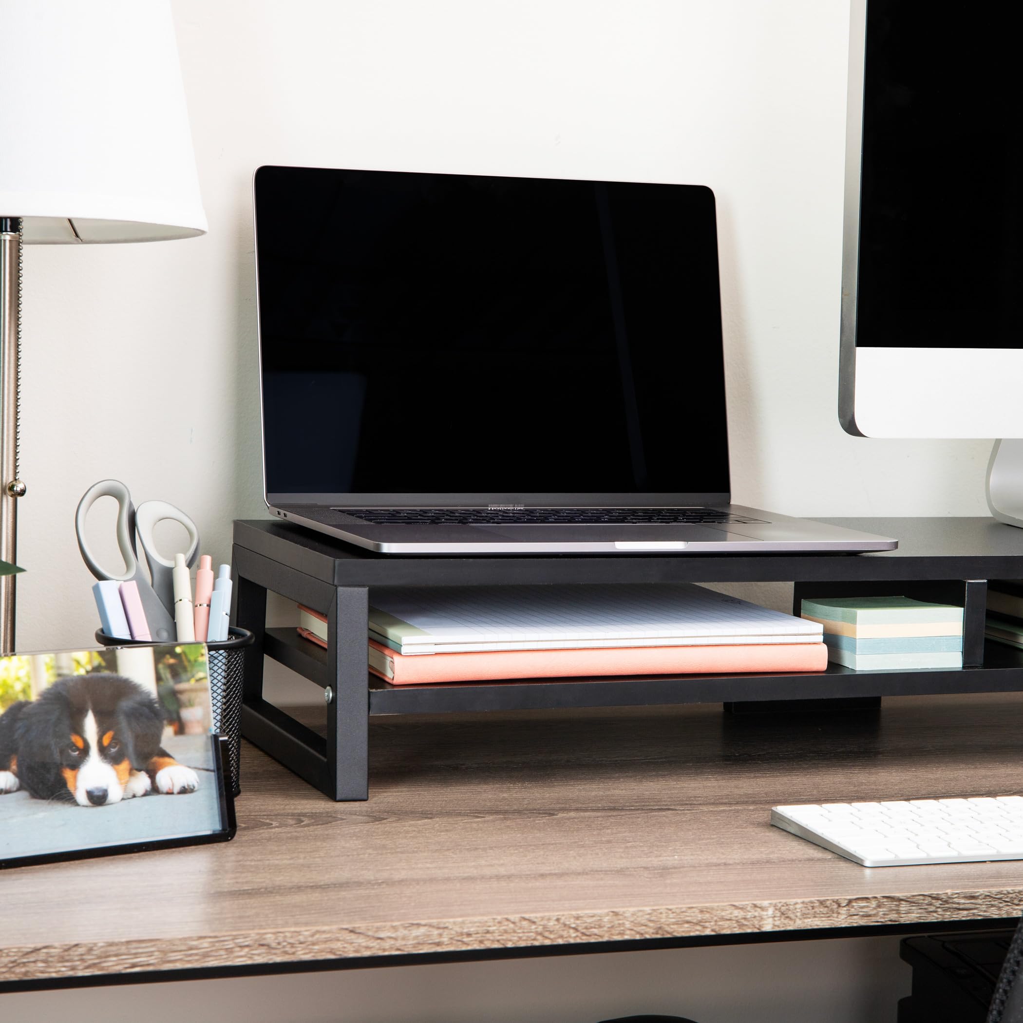 Mind Reader 2-Tier MDF Double Monitor Stand, Dual Screen Riser with Storage Shelf, 33.75 Inch Wide, 88 lb Capacity, Black