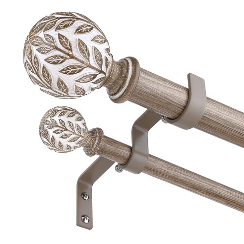 Wolistsa Double Curtain Rod, Boho Wood Decorative Long Dual Curtain Rods for Windows 84 to 120 Inch, 1" Adjustable Heavy Duty Double Rod, Handmade Imitation Weathered Wood Grain Leaf Finial Design