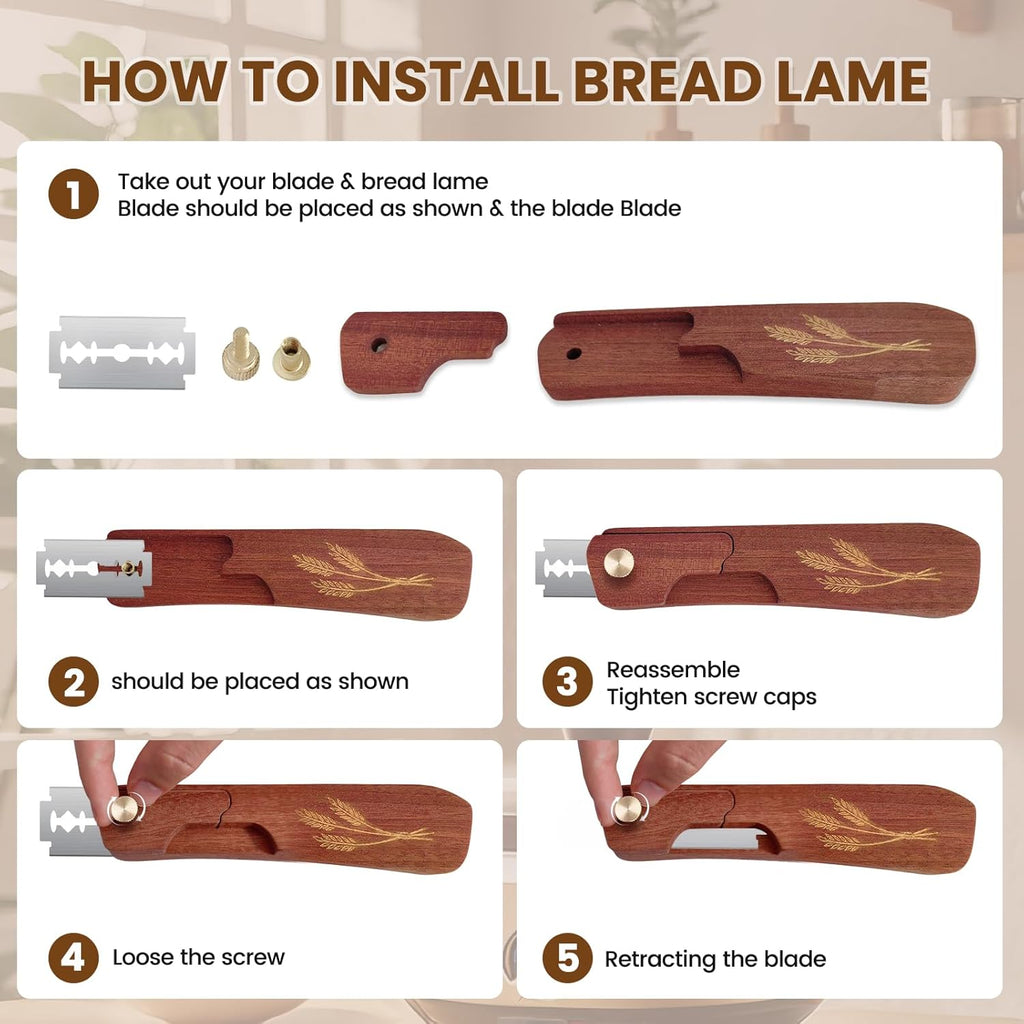 Skiennix Wooden Bread Lame - Handcrafted Dough Scoring Tool for Sourdough Baking | Includes 10 Razor Blades