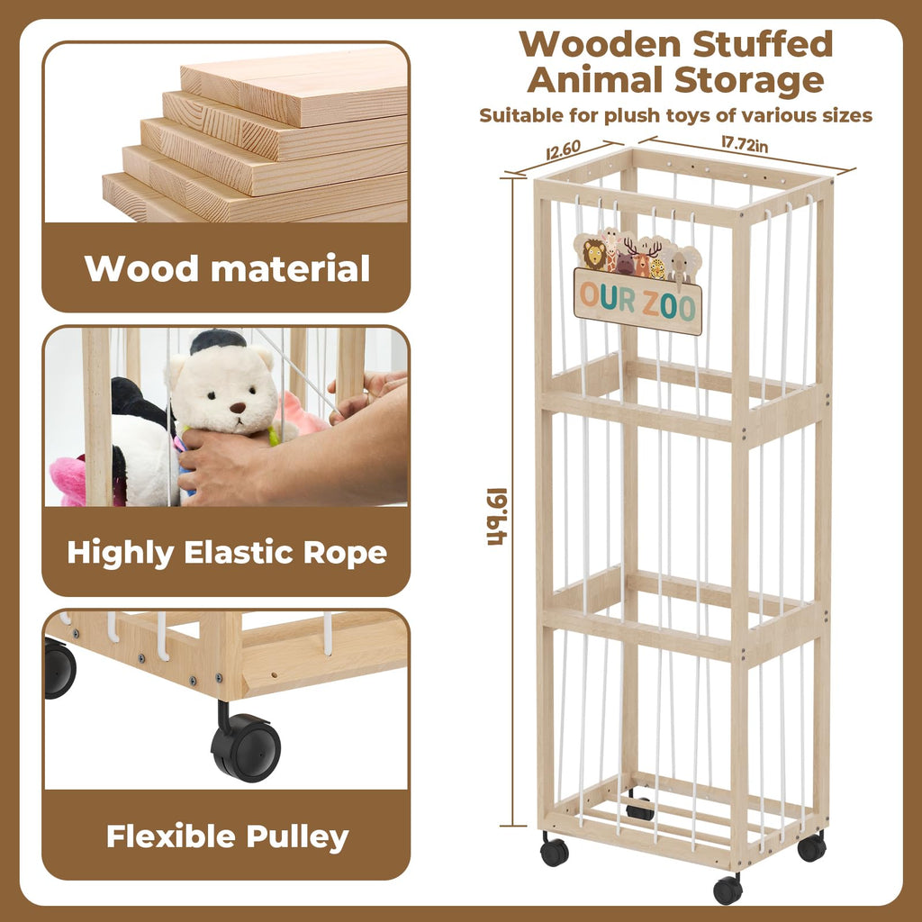 DEMEGA Stuffed Animal Zoo Storage with Wheels, Mobile Wooden Toy Organizer Cage with Elastic Band, Easy Assembly Large Capacity for Nursery Playroom Bedroom
