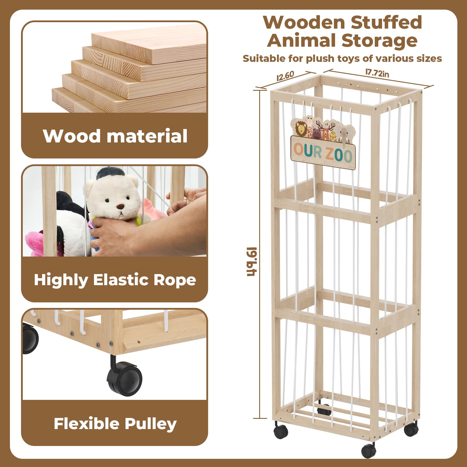 DEMEGA Stuffed Animal Zoo Storage with Wheels, Mobile Wooden Toy Organizer Cage with Elastic Band, Easy Assembly Large Capacity for Nursery Playroom Bedroom