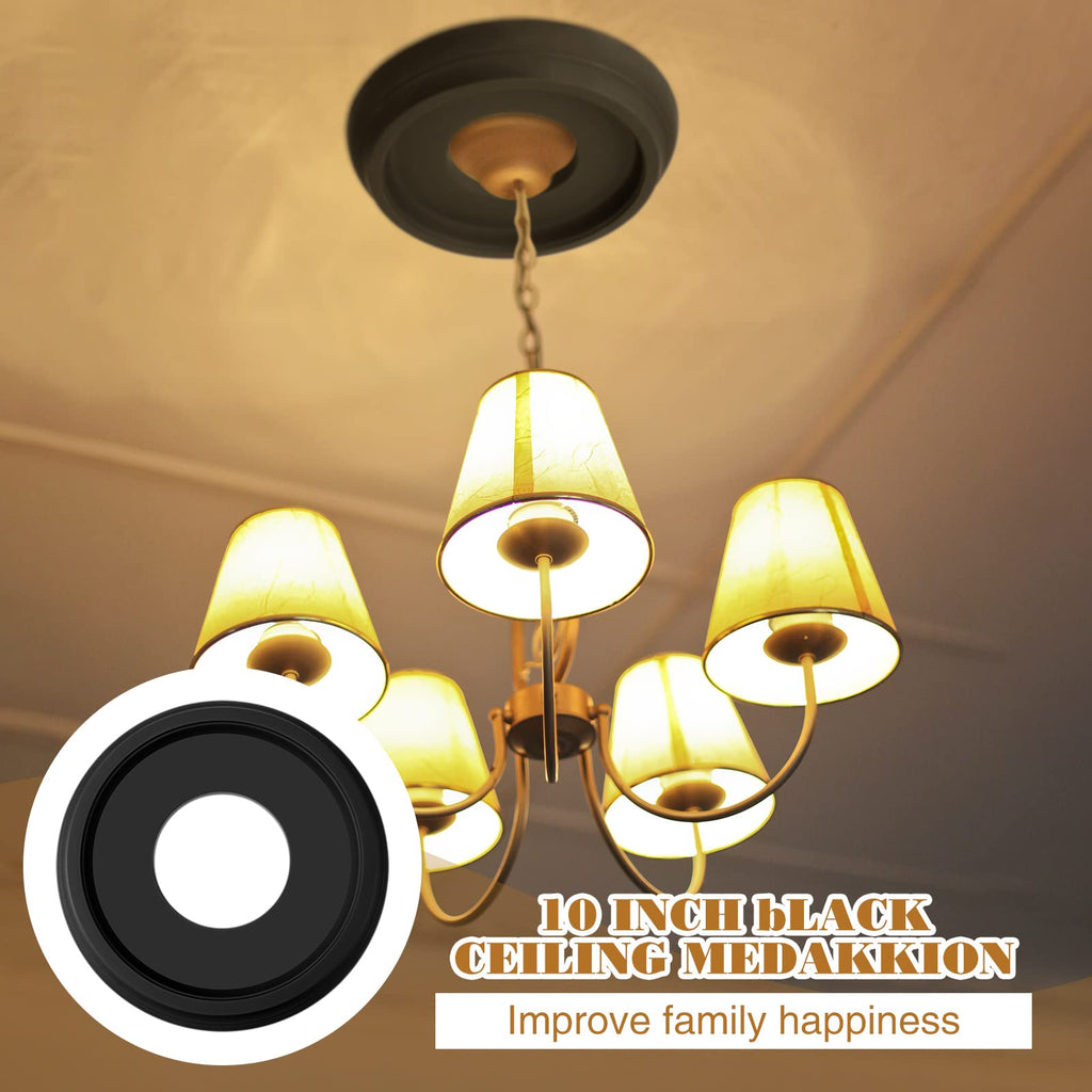 BBTO 2 Pack Black Ceiling Medallion for Light Fixtures and Ceiling Fans Chandeliers 10" Od x 3.5" ID(Classic)