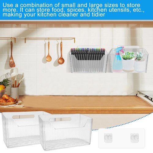 6Pcs Storage Organizer Bins Wall Mounted Organizer Basket Large Size Clear Plastic Makeup Organizer Adhesive Hanging Bin for Bathroom Kitchen Pantry