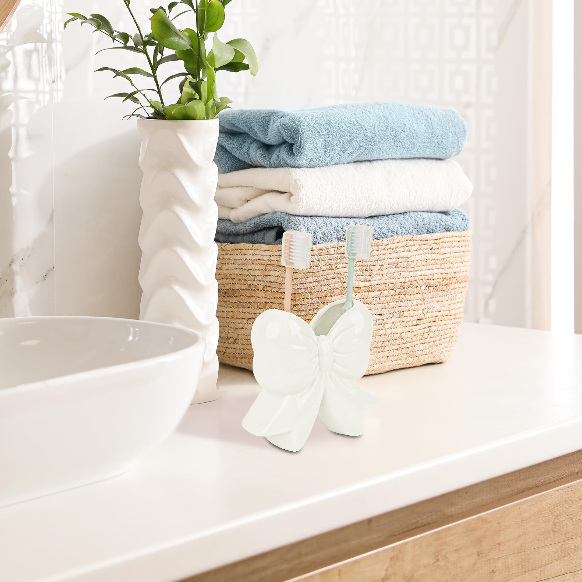 Biiange Cute Toothbrush Holder, Ceramic Bow Toothbrush Holder, with Drain Hole Bathroom Countertop Accessories, for Bathroom Canister Storage Organization, Vanity Makeup Organizer (White)