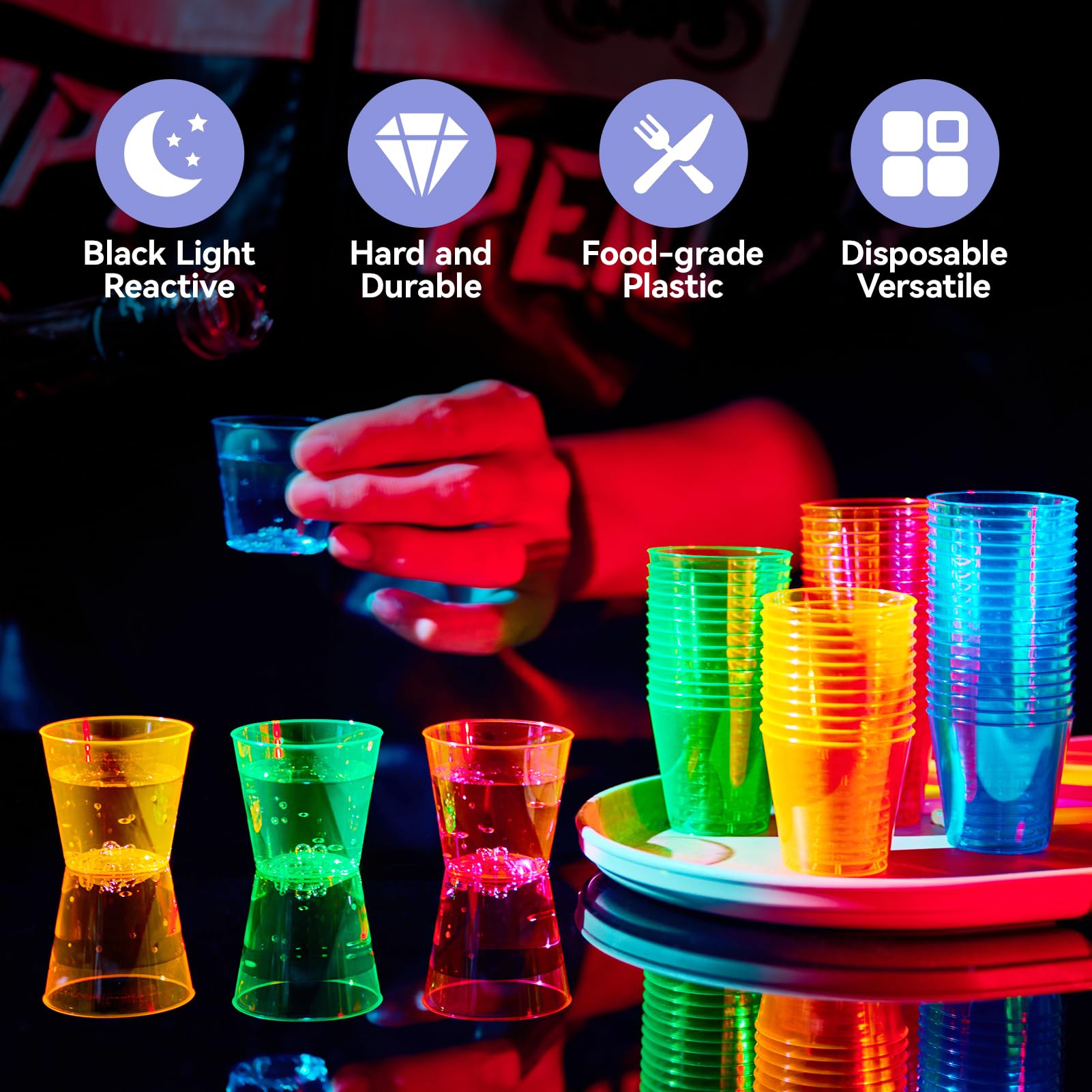 300Pack 1 Oz Plastic Shot Glasses Set, Neon Party Mini Shot Glasses Bulk, Durable and Reusable, Small Disposable Plastic Cups for Vodka, Whiskey, and More