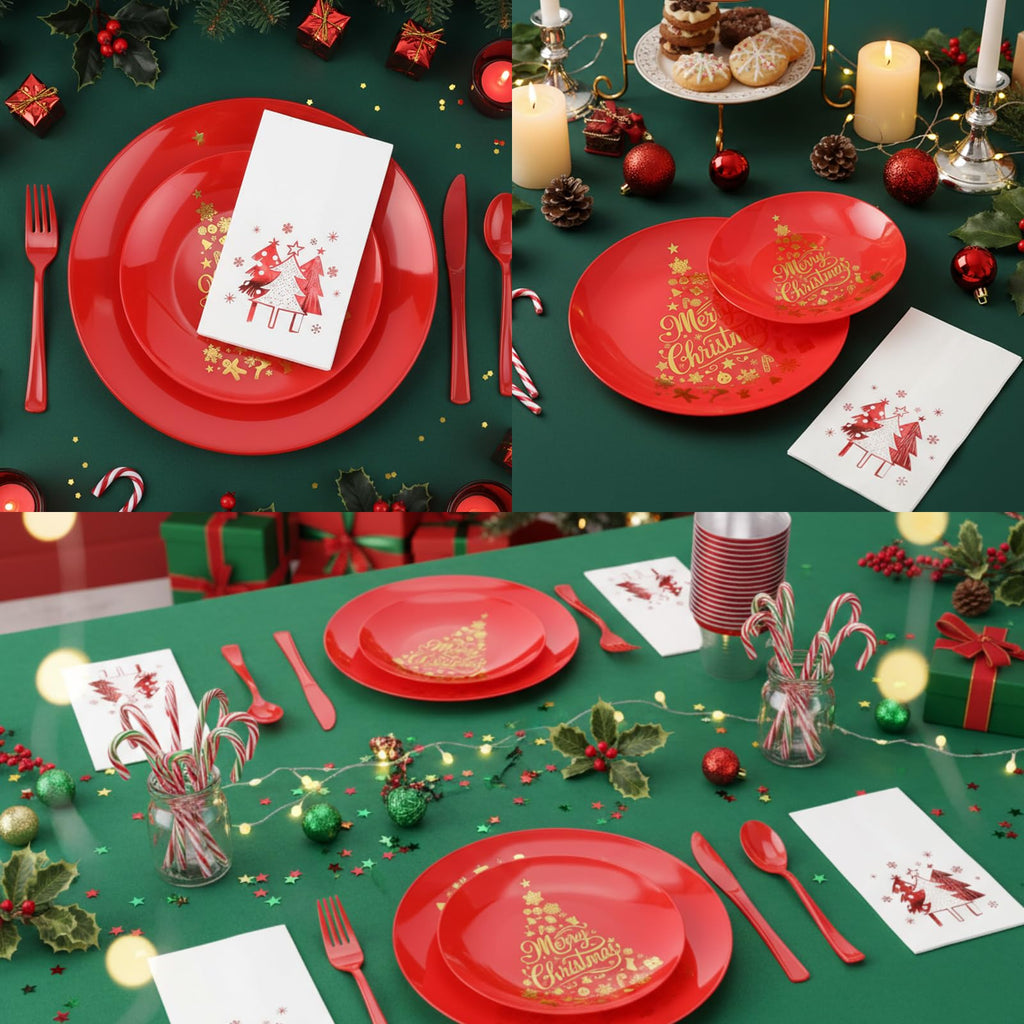 Shellwei 280 Pcs Plastic Dinnerware Set, Disposable Plates Includes 40 Dinner Plates 40 Cups 40 Dessert Plate 40 Papers Napkins 40 Forks Knives Spoons for Party (Christmas)