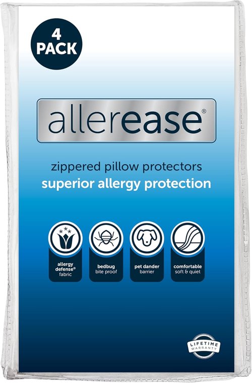 AllerEase Pillow Protectors - Set of 4 Standard/Queen, Moisture Wicking & Allergy Protection - Zippered Design