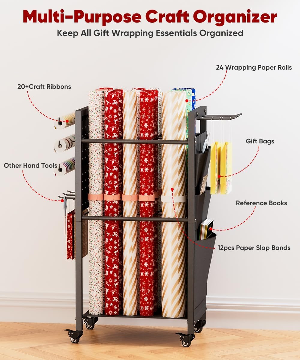 Skiennix Wrapping Paper Storage Organizer - Rolling Gift Wrap Station with Ribbon & Bag Storage | Black